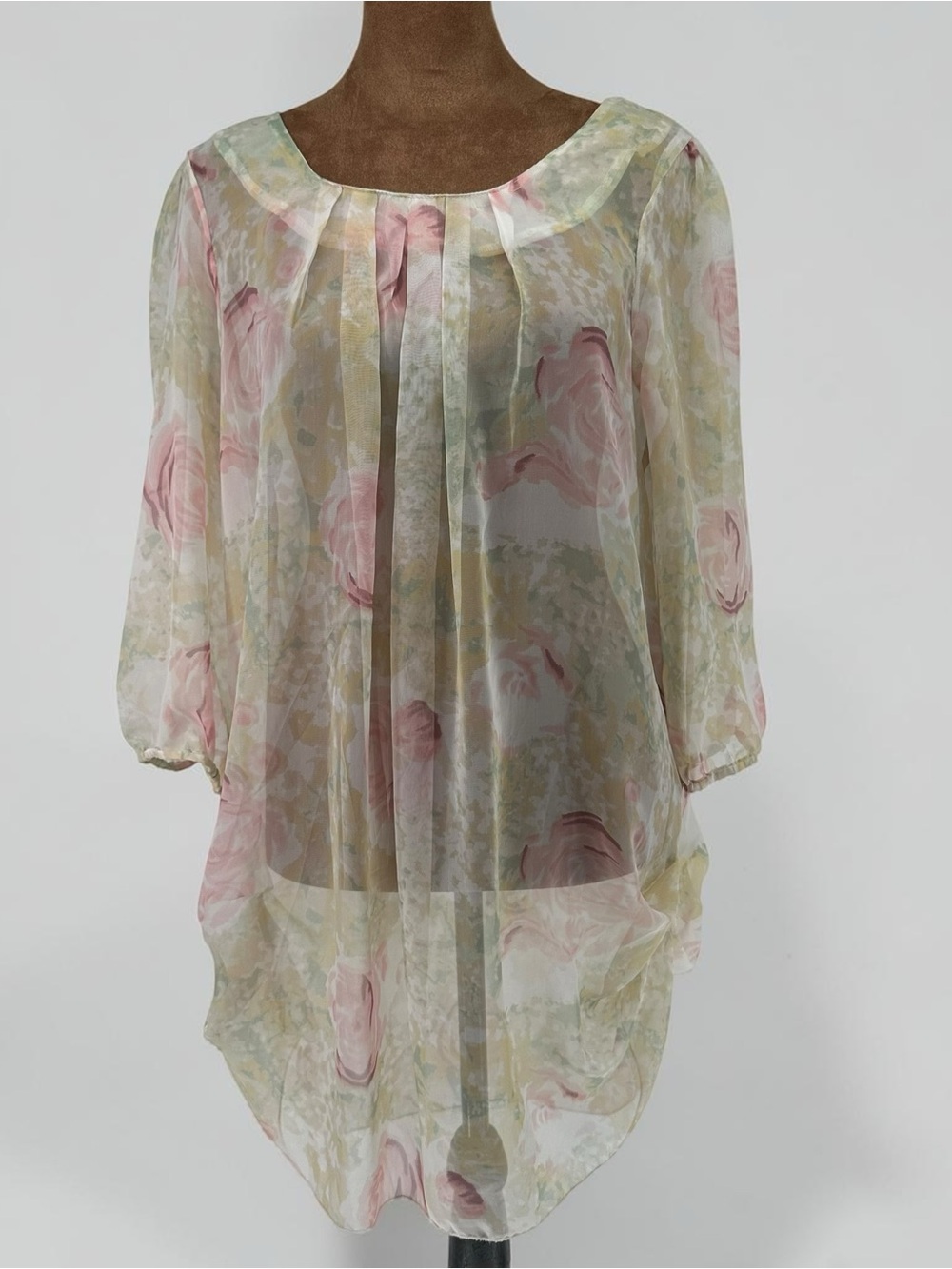 Vero Moda Pink and Cream Sheer Floral Pleated Tunic